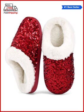 🎅 Women's Sequin Slippers Memory Foam Plush Lined Slip On House Shoes